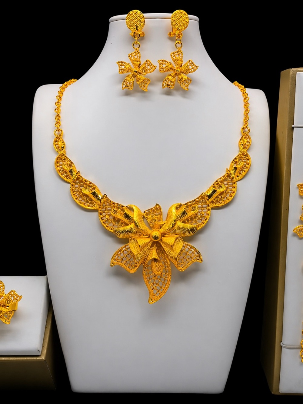 Ornate Gold Floral Filigree Necklace and Earring Set - Women Jewelry
